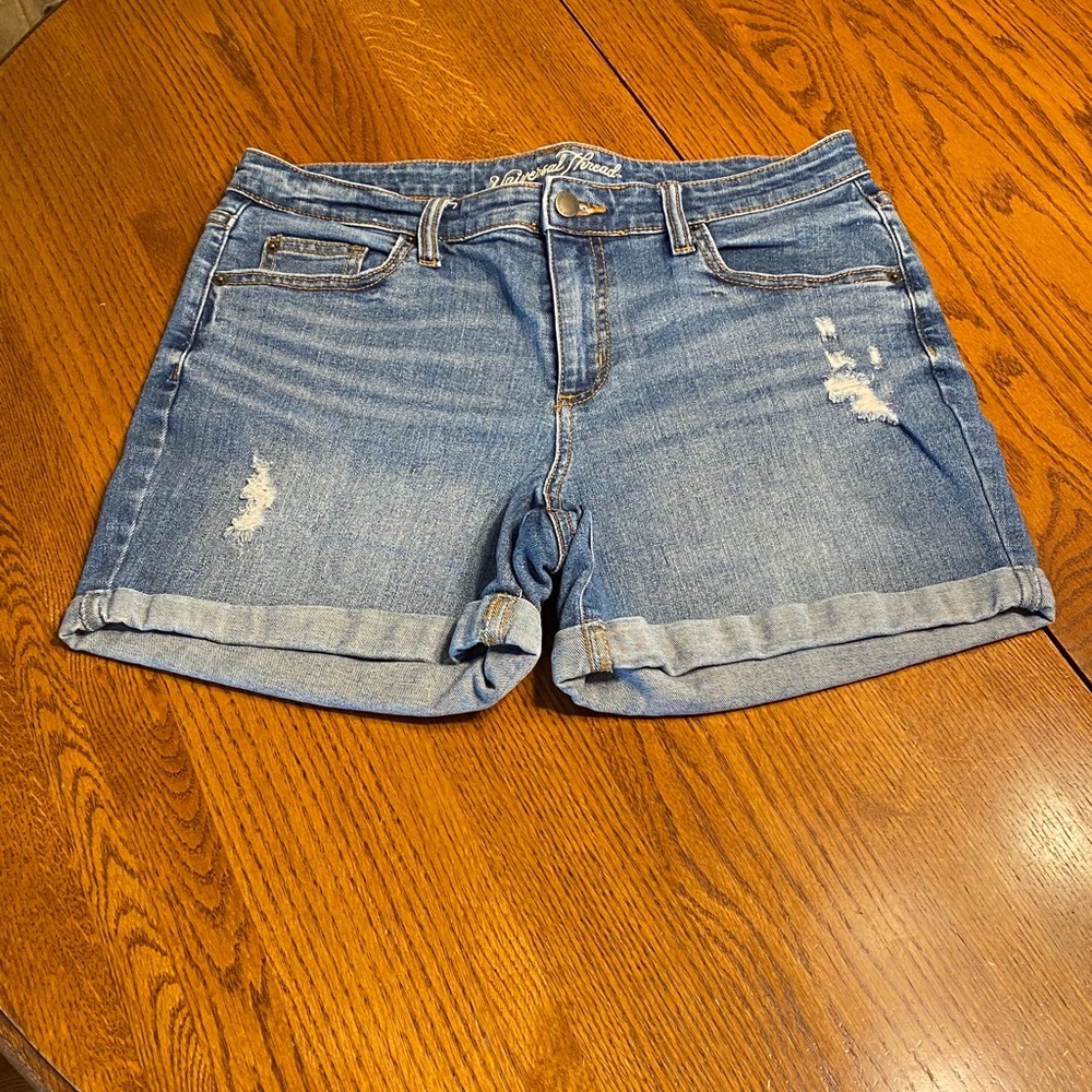 Women's Distressed Roll-Cuff Denim Shorts - Light Blue